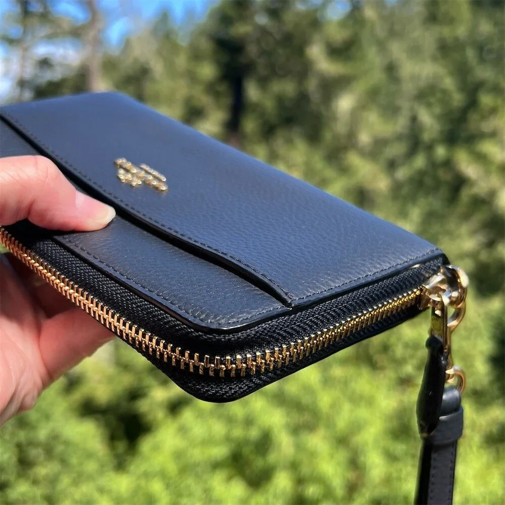 COACH Long Zip-Around Wallet Navy Blue Pebble Leather Wallet Gold Hardware